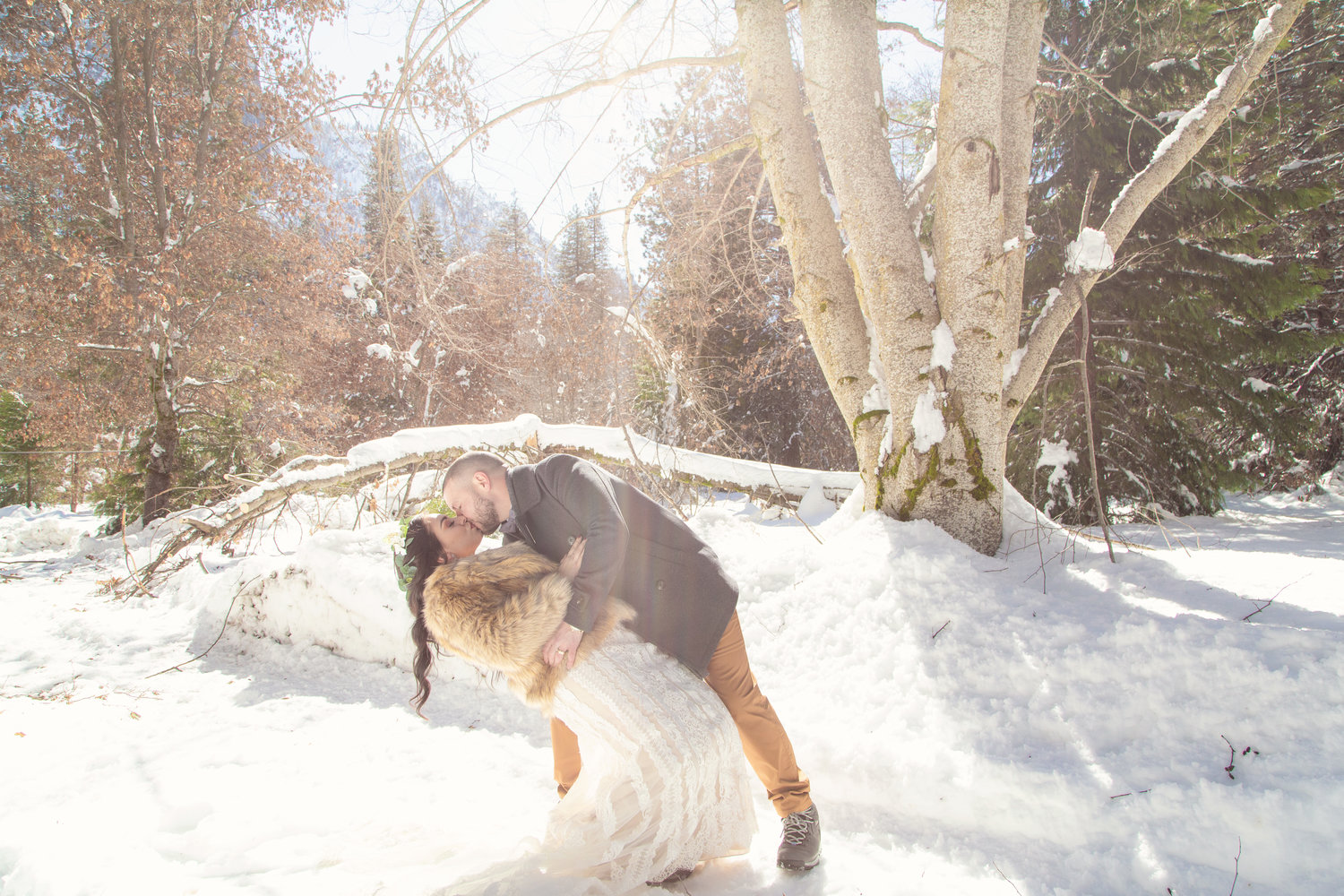 A breathtaking image captured by DeMarco Films, showcasing the groom gracefully dipping the bride in a snowy landscape. The soft, ethereal lighting adds a touch of magic to the scene, creating a romantic atmosphere as the couple shares a passionate kiss