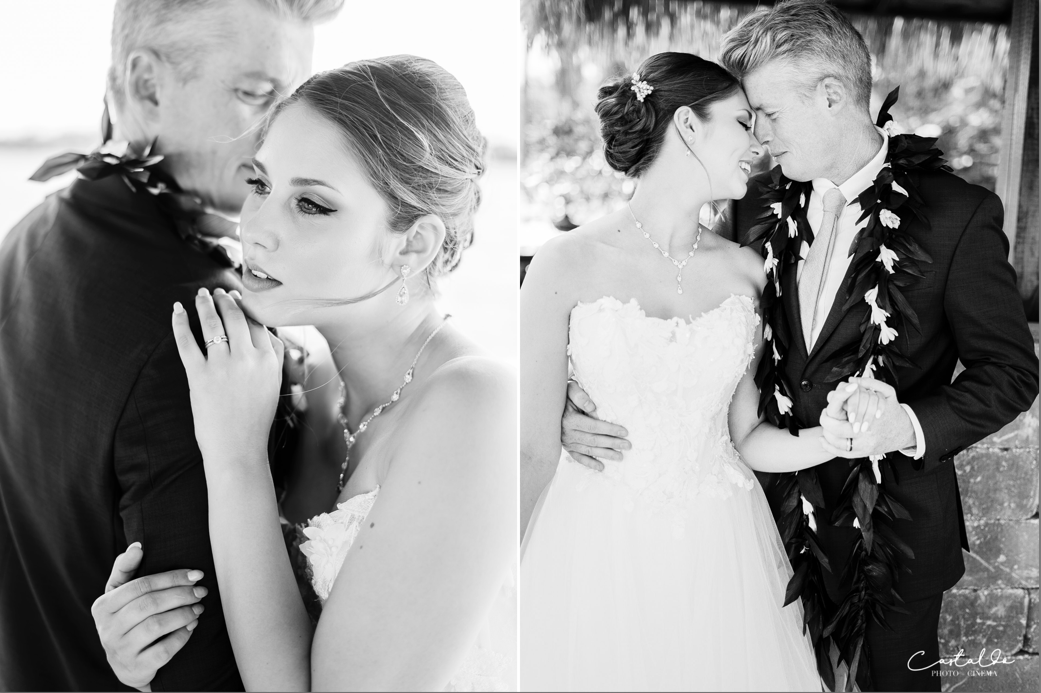 This split photo by Castaldo Studio captures two intimate and romantic moments between a bride and groom. In the first frame, the groom gazes affectionately at his bride, who holds onto his arm, exuding elegance and tenderness. In the second frame, the couple embraces each other with their foreheads touching during a heartfelt dance. Their connection is palpable, as they share a moment of pure love and closeness. These captivating moments beautifully showcase the deep bond and romance between the couple on their special day