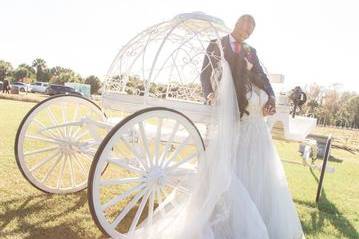 A captivating photo captured by DeMarco Films, featuring the bride and groom in a beautifully adorned wedding carriage. The soft rays of the sun illuminate the scene, casting a warm glow on the couple as they share a tender moment of love and anticipation