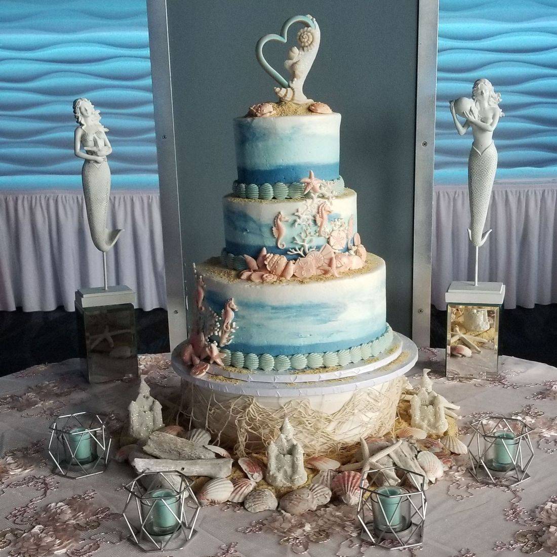 Mermaid Themed Wedding Cake with Seahorses and Shells