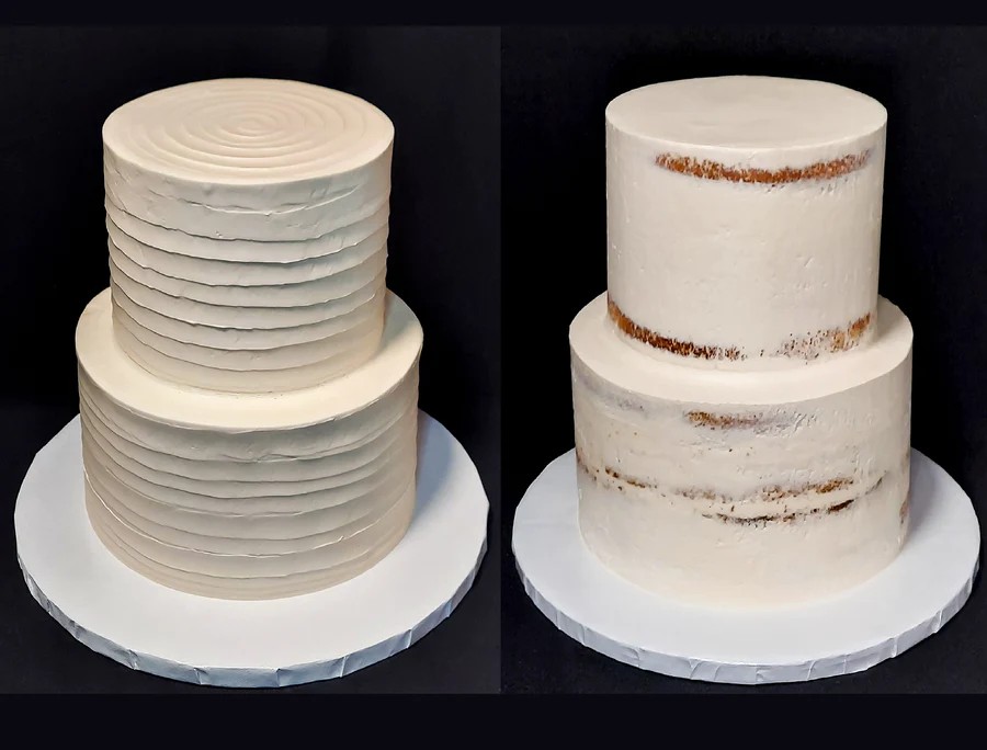 Before and after icing of a two-tier cake by Tru-Cakes